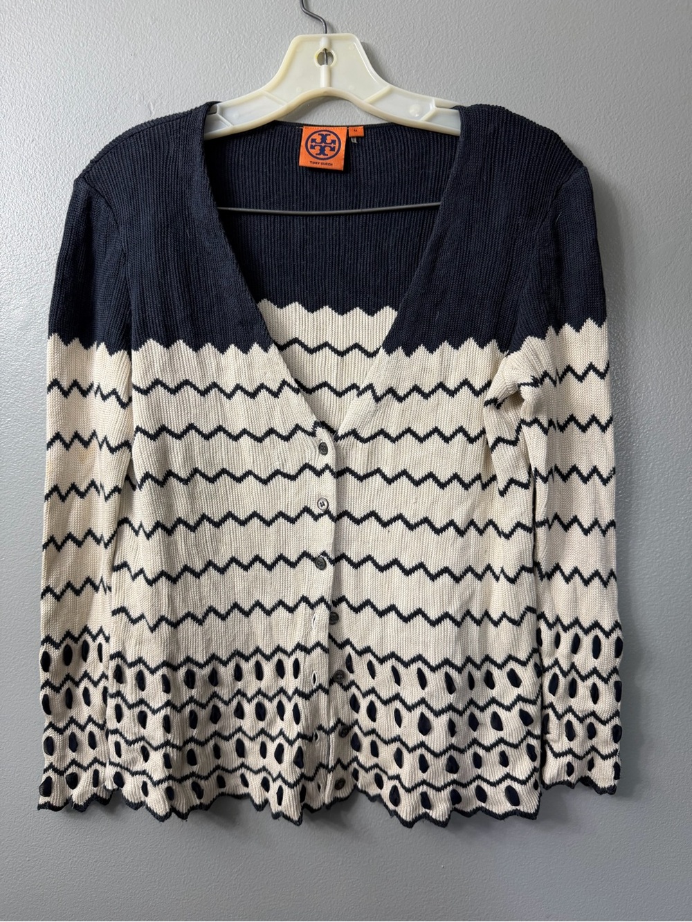 Tory Burch Deep women’s button front striped cardigan sweater silk ribbon detail